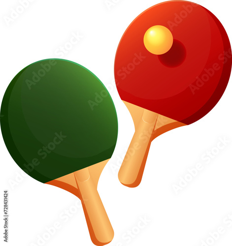 Red and green racket and ping pong ball. Table tennis equipment. Vector illustration.