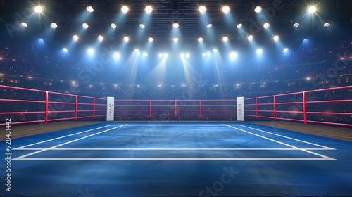 Unoccupied professional boxing ring in grand arena, suitable for sports events and training sessions © Ilja