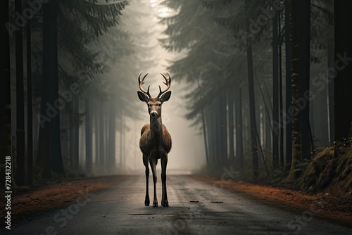 In the serenity of a misty morning, a deer stands gracefully on the road near the forest, a captivating encounter with nature's beauty.