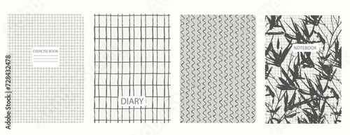 Set of cover page templates with hand drawn flowers, branches, leaves. Based on seamless patterns. Backgrounds for notebooks, notepads, diaries. Headers isolated and replaceable