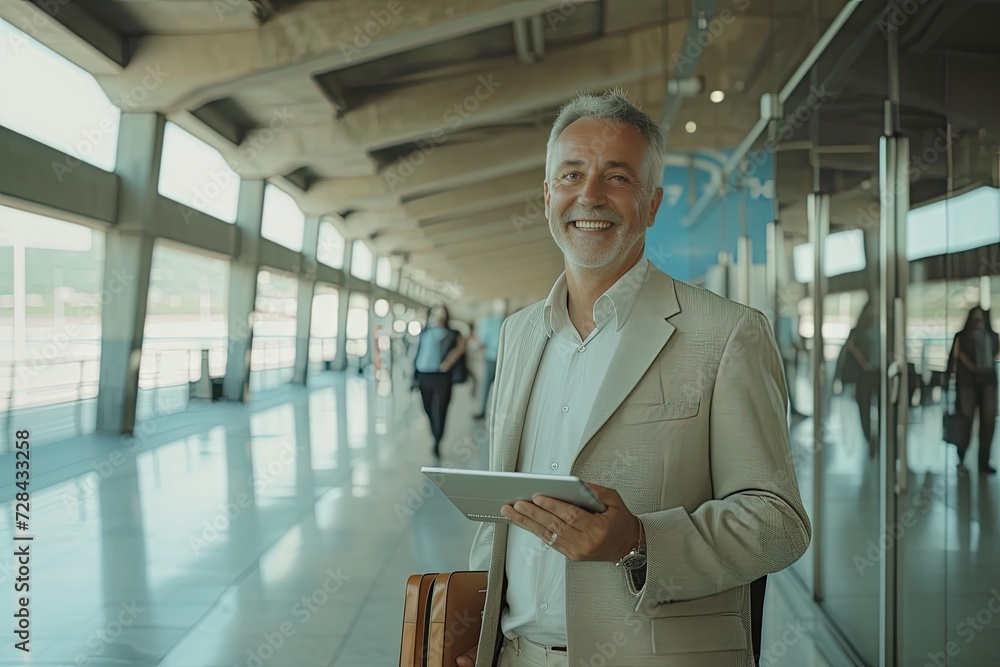 Fototapeta premium Modern businessman standing at airport with smartphone in hand and bag slung over shoulder epitomizing blend of professionalism and travel captures essence of young