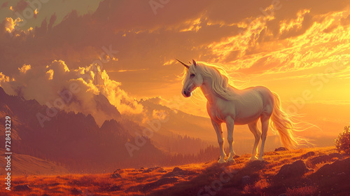 Majestic unicorn standing in fairytale landscape  Generative AI illustration.