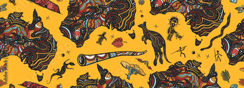 Travel background. Australia seamless pattern. Outdoors art. Ethnic Australian map, kangaroo, didgeridoo, rock painting