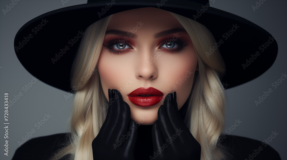 A stylish woman adorned in a fashionable hat and gloves with bold lipstick and dramatic eye makeup gazes confidently at the camera, exuding elegance and grace A stylish woman adorned in a fashionable hat and gloves with bold lipstick and dramatic eye makeup gazes confidently at the camera, exuding elegance and grace