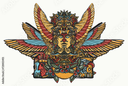 Ancient totem and wings, tattoo and t-shirt design. Mexican god . Mesoamerican mythology. Aztec art