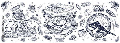 Capitalism. Wealth and poverty. Old school tattoo vector collection. Hamster wheel, mortgages, loans, taxes. Angry boss capitalist, flat Earth, turtle and bags of money