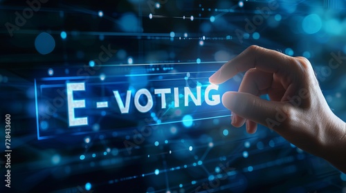 E voting concept with shining text over dark blue background with security holograms and copy space