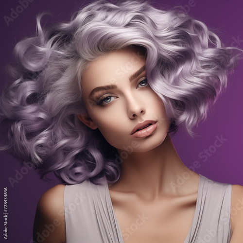 A fashion-forward woman with vibrant purple hair dons a bold lipstick and intricate hairpiece, exuding confidence and style