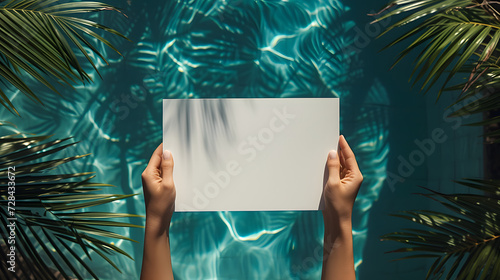 Hands holding showing blank white empty paper board frame billboard sign on the beach at summer for ad advertising with copy space for text, travel vacation business announcement promotion concept photo