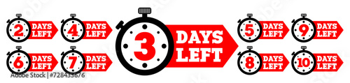 1 - 10 Days left text and stopwatch icon.  Time management and expectation concept.  Line art style, editable vector Illustration file on transparent background.