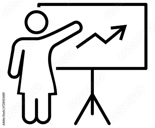 Business woman show graph in presentation. Business life, strategic management. Black and White line art style, editable vector Illustration file on transparent background.