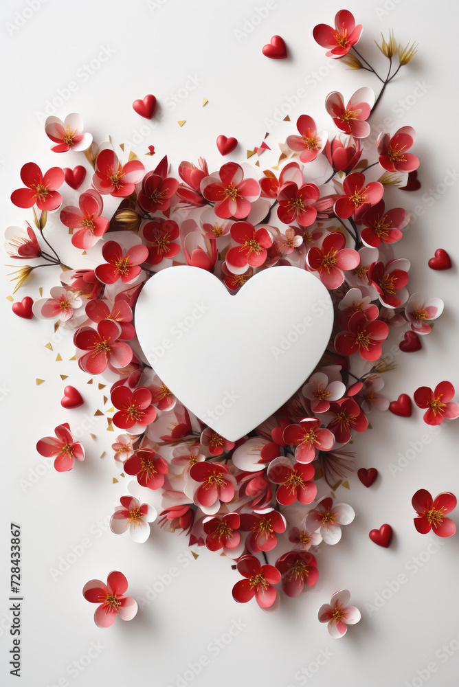 White heart for copy space with a frame of small red flowers Valentine's Day Stories flat lay