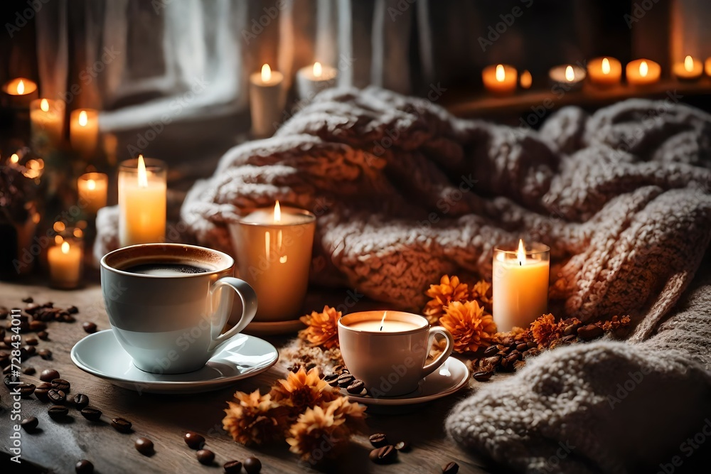 Coffee cup with candles in cozy home atmosphere. Warm sweater and dry flowers Coffee cup with candles in cozy home atmosphere. Warm sweater and dry flowers