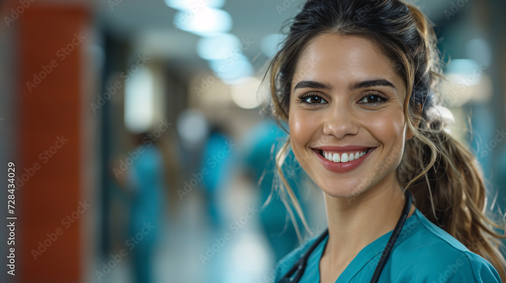 A cheerful young doctor in a gown and stethoscope looks into the camera.