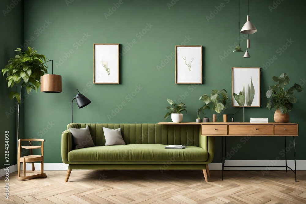 Wooden desk, wall organizer and green walls in a living room interior with sofa and armchair Wooden desk, wall organizer and green walls in a living room interior with sofa and armchair
