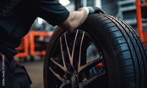 A car mechanic changes a wheel on a car