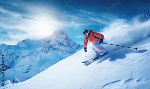 Skilled skier is skiing down from mountain in beautiful winter landscape © Daniela