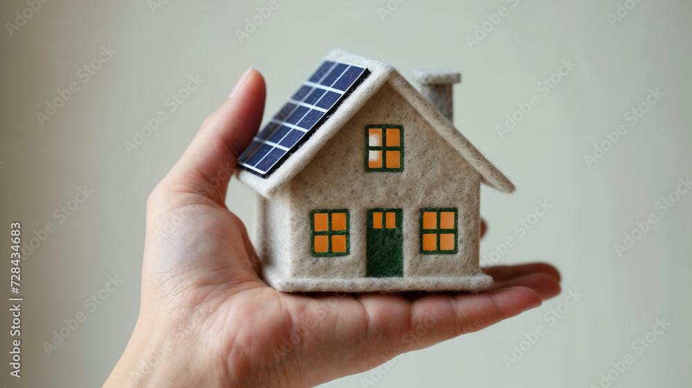 Hand Holding Eco-Friendly House Model with Solar Panels Hand Holding Eco-Friendly House Model with Solar Panels