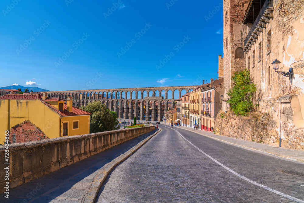 Road leading to Roman Aqueduct Segovia Spain