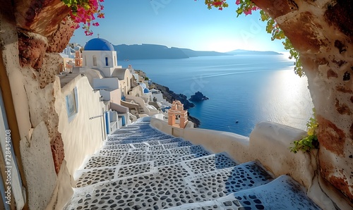 Fototapeta Naklejka Na Ścianę i Meble -  An arched gateway offering a glimpse of the sea, embodying the quintessential beach living of Santorini Island style