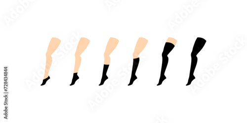 A set of socks on the foot. Sock length icon set. Flat and silhouette style. Vector icons