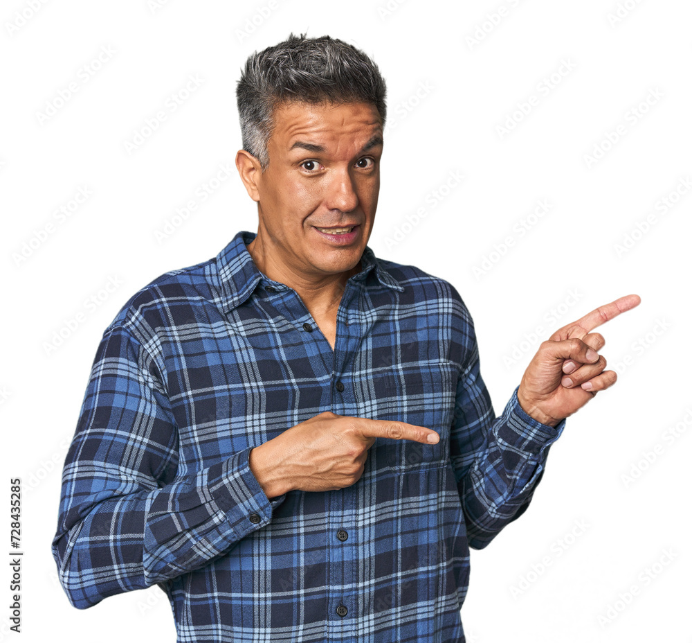 Middle-aged Latino man shocked pointing with index fingers to a copy space. Middle-aged Latino man shocked pointing with index fingers to a copy space.