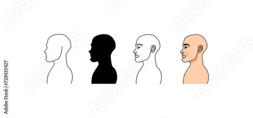 Human face side view icons. Human face mockup. Linear, silhouette and flat style. Vector icons