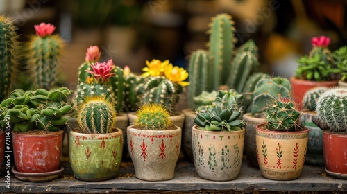 Various cacti with flowers in pots. Generative AI
