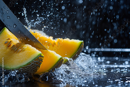 cantaloupe melon slices with knife and water drops and splashes on dark blue background