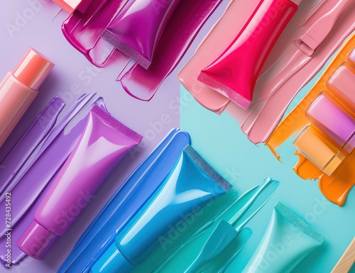 Multicolored cosmetics tubes, makeup background. Generative AI photo