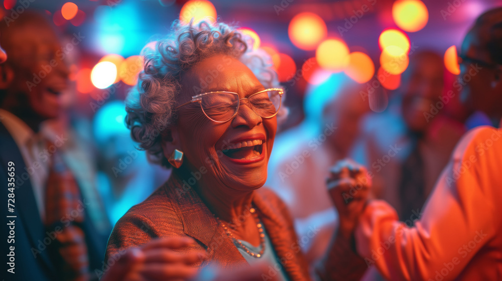 People retired seniors having fun at a party, a discotheque People retired seniors having fun at a party, a discotheque