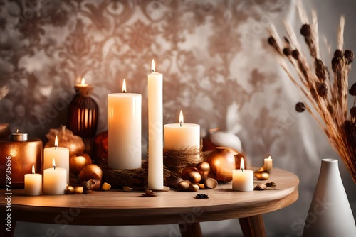 Coffee cup with candles in cozy home atmosphere. Warm sweater and dry flowers, Elegant home decoration with wooden wick burning candle, room interior decor arrangement close-up