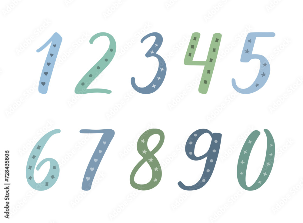 Numbers 1, 2, 3,  4, 5, 6, 7, 8, 9, 0 handwritten lettering with thick and thin lines. Blue and green figures decorated with patterns on white background. Festively decorated digits.