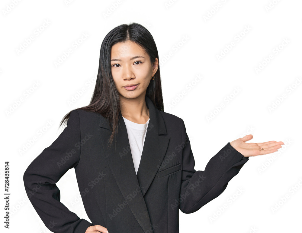 Young Chinese woman in business suit showing a copy space on a palm and holding another hand on waist. Young Chinese woman in business suit showing a copy space on a palm and holding another hand on waist.