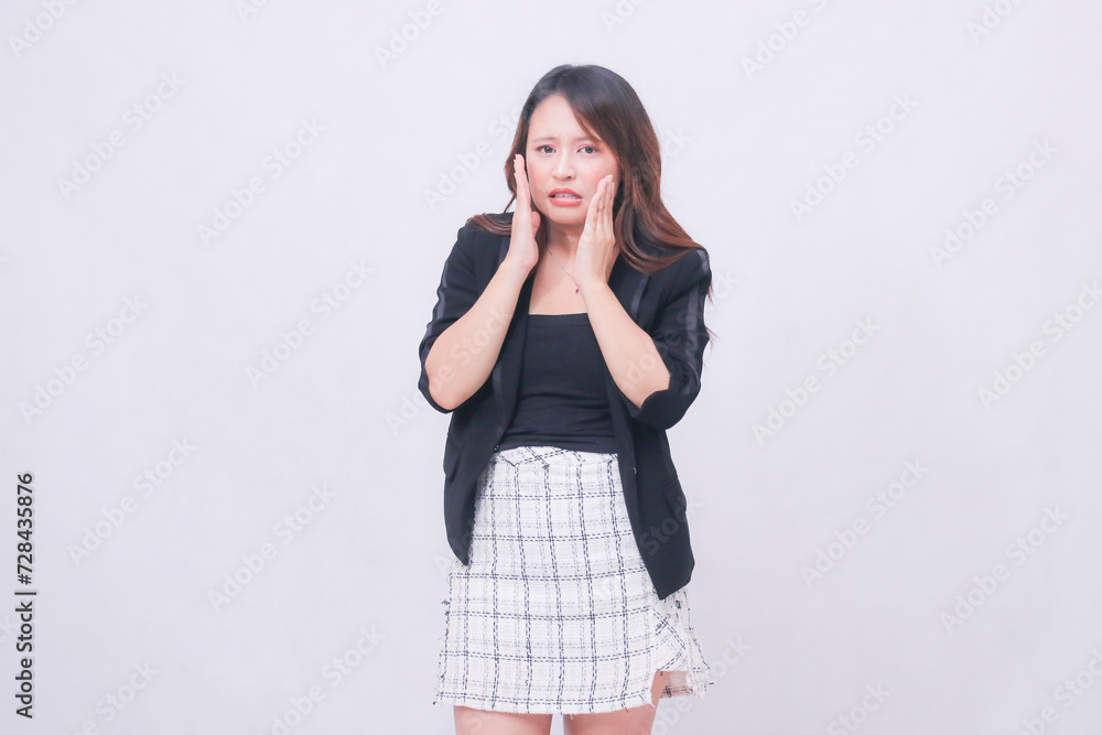 Beautiful Asian woman 20s formal office elegant disgusting hands on isolated white background Beautiful Asian woman 20s formal office elegant disgusting hands on isolated white background