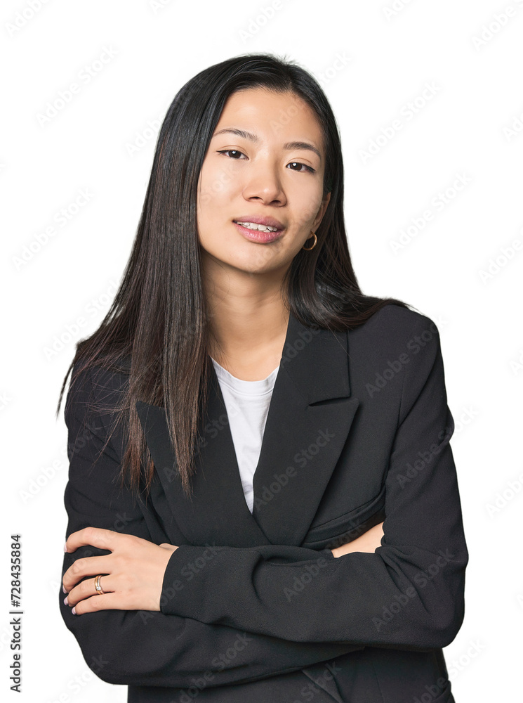 Young Chinese woman in business suit laughing and having fun. Young Chinese woman in business suit laughing and having fun.