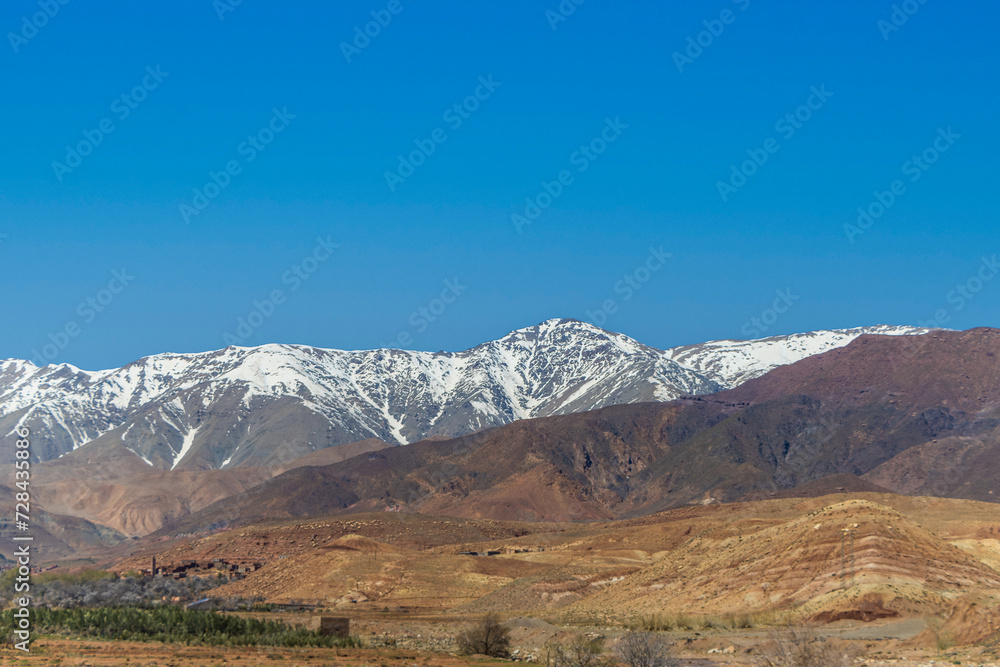 Snow covered Atlas Mountains and pine forest between Marrakesh and Ouarzazate.