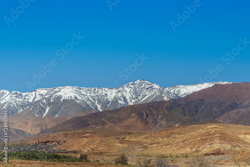 Snow covered Atlas Mountains and pine forest between Marrakesh and Ouarzazate.