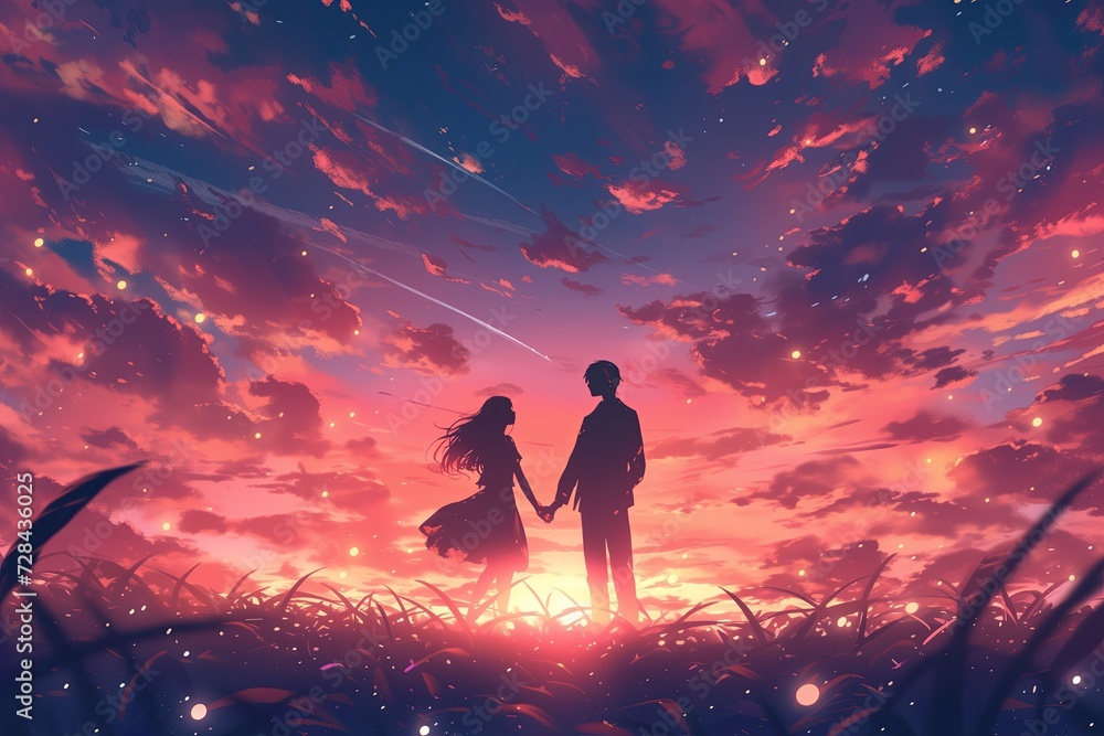 Romantic Anime Couple Cherishing Mesmerizing Sunset Scene Hand In Hand