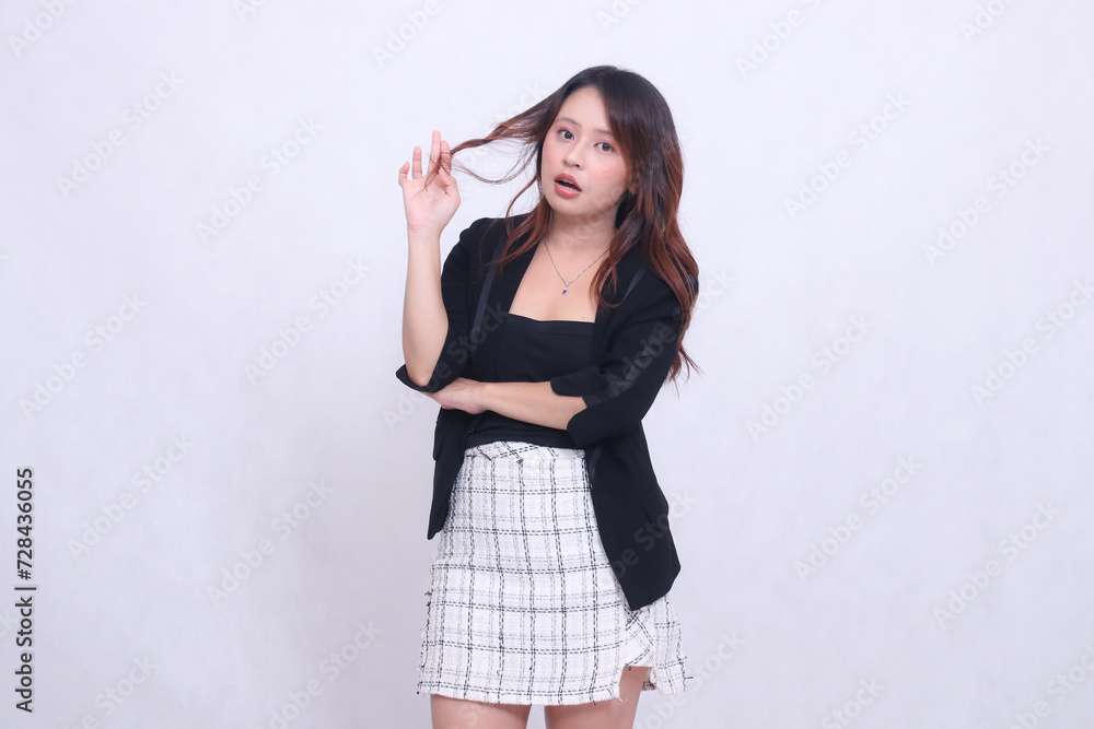 beautiful asian indonesian girl 20s formal office shocked with arms crossed isolated white background beautiful asian indonesian girl 20s formal office shocked with arms crossed isolated white background