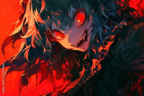 Sinister Anime Girl With Malevolent Grin, Fangs, And Fiery Red Eyes