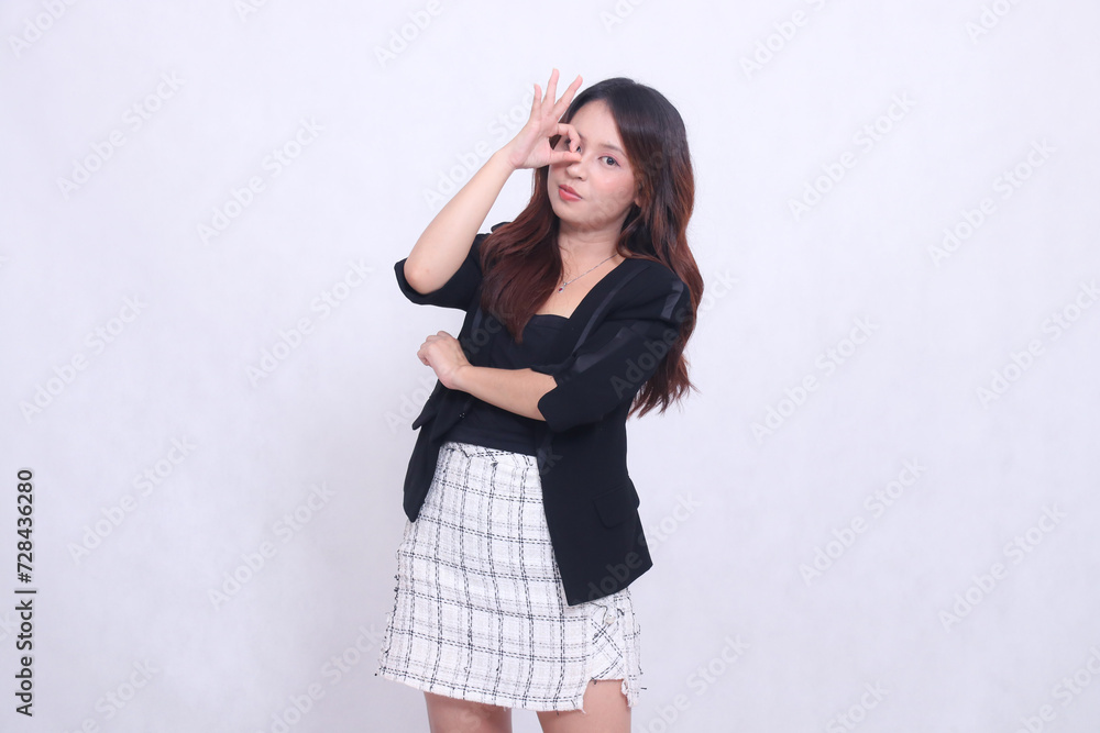 beautiful woman princess asian indonesia 20s formal office elegant cheerful cute arms folded okay sign nice tilt isolated white background beautiful woman princess asian indonesia 20s formal office elegant cheerful cute arms folded okay sign nice tilt isolated white background