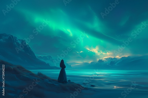 Young Woman Admires The Breathtaking Aurora Over The Tranquil Beach