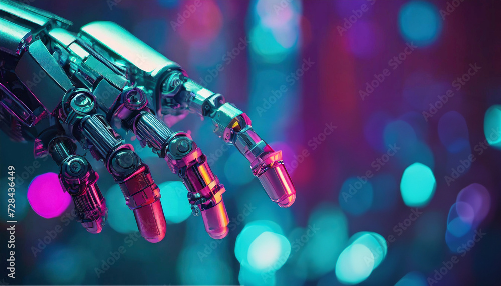 Uma mão mecânica de robô com fundo tecnológico desfocado. - obrazy, fototapety, plakaty 