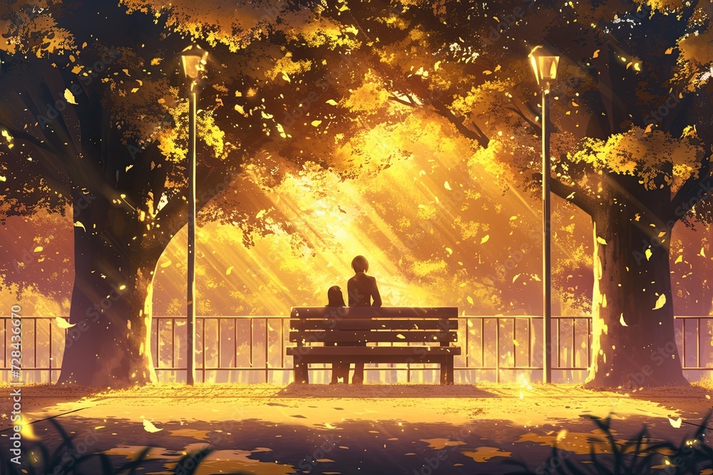 Autumnal Anime Scene With Couple Silhouetted On Park Bench