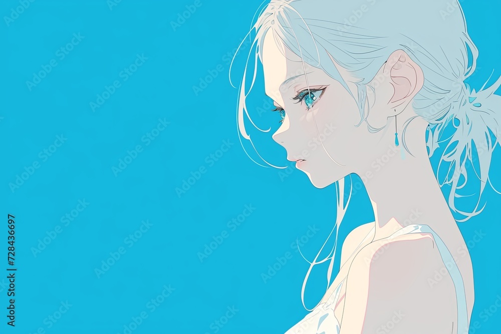 Beautiful Anime Girl In Profile On Baby Blue Color Background Beautiful Anime Girl In Profile On Baby Blue Color Background