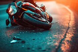 A motorbike accident scene unfolds on the road, with a damaged vehicle serving as a stark reminder of the dangers of the open road.