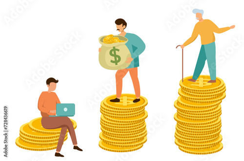 rich retirement concept, three generations of men with different amount of money 