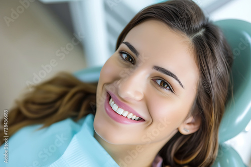 portrait of a smiling young woman sitting in a dental chair in a clinic