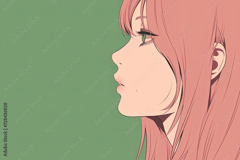 Beautiful Anime Girl In Profile On Green Background